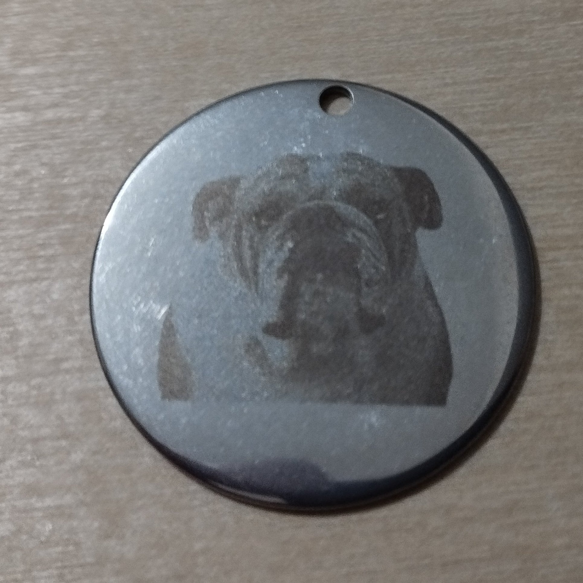Close-up of custom engraved stainless steel pet tag — Photonscribe
