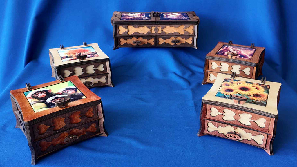 Personalised laser cut jewellery box with ceramic tile lid — custom luxury gift UK
