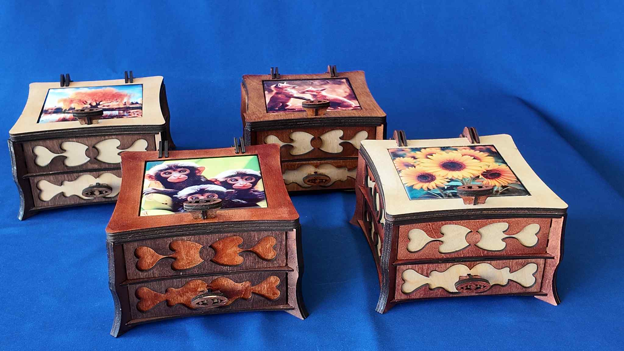 Close-up of personalised ceramic tile lid on laser cut jewellery box — Photonscribe
