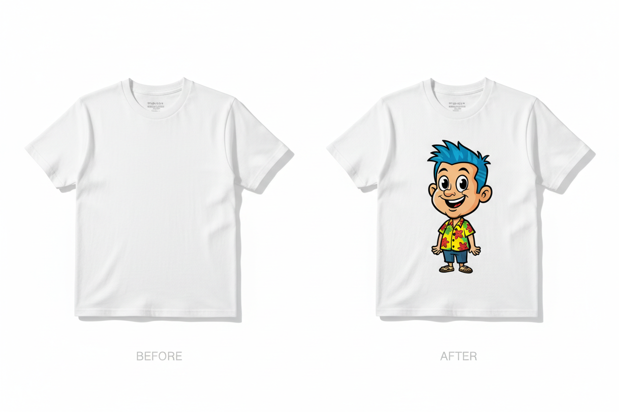 Before and after caricature t-shirt personalisation — custom photo gift UK
