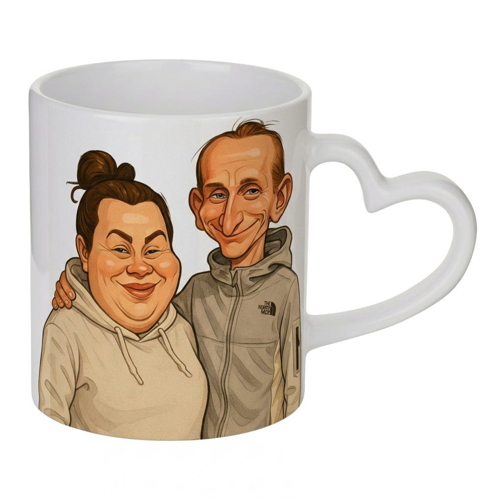 Personalised heart handle caricature mug — unique custom photo gift UK
