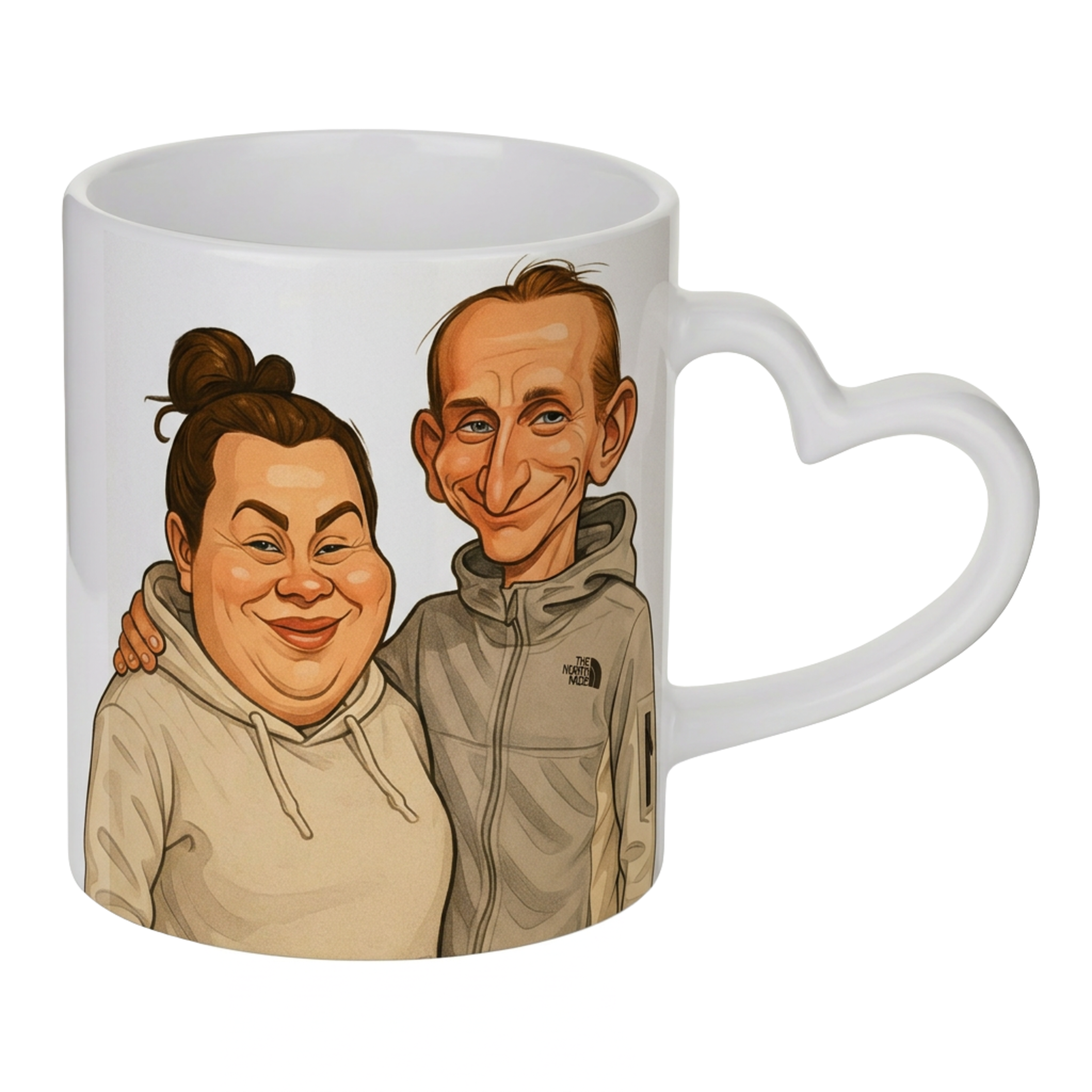 Personalised heart handle caricature mug — unique custom photo gift UK
