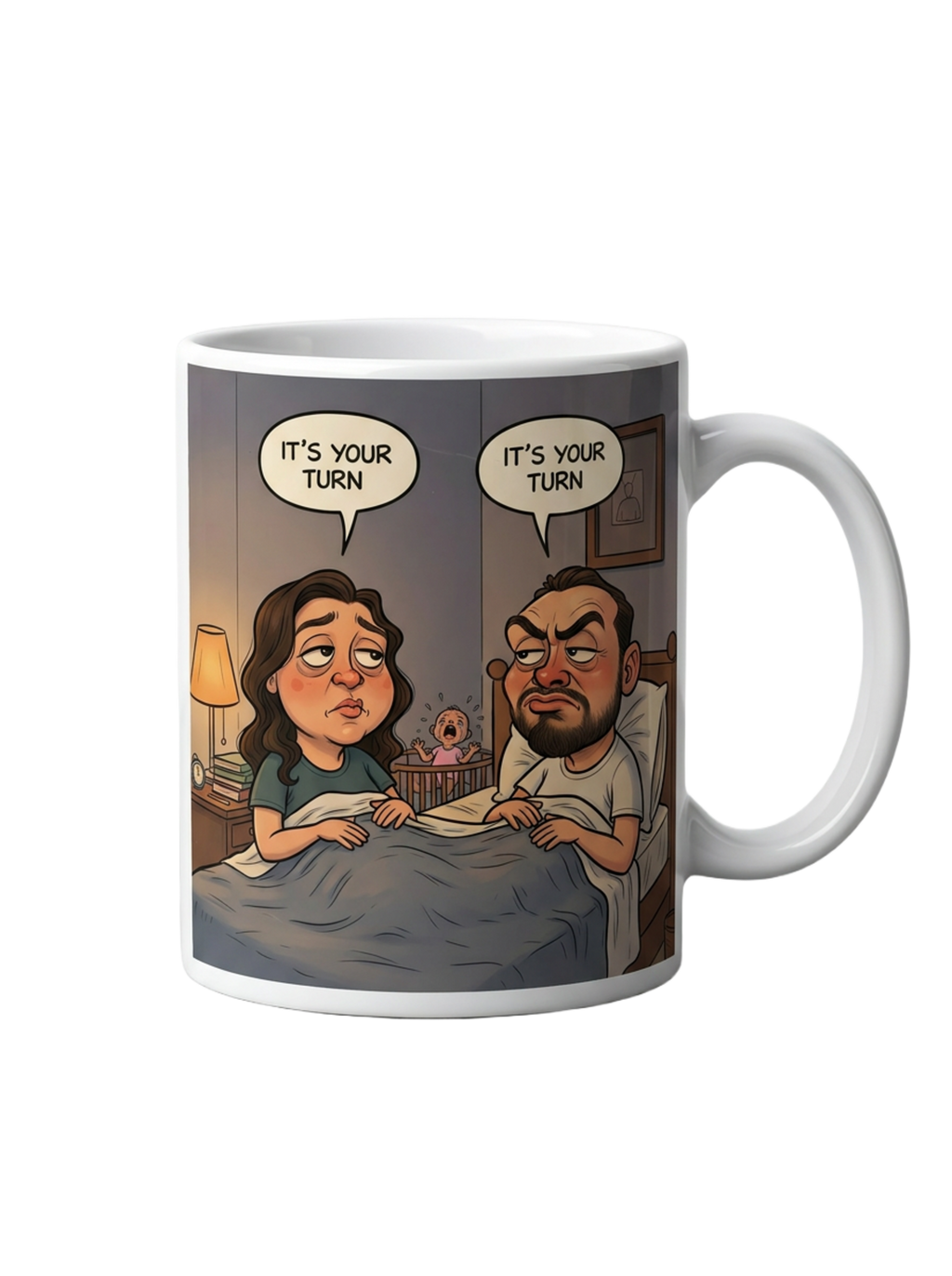 Caricature mug with custom theme and text — personalised ceramic mug UK
