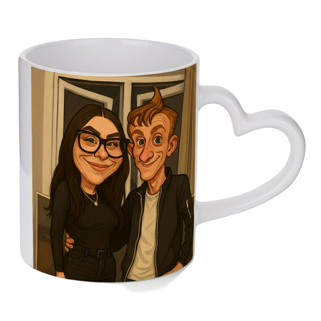 Personalised heart handle mug lifestyle shot — handcrafted to order in the UK
