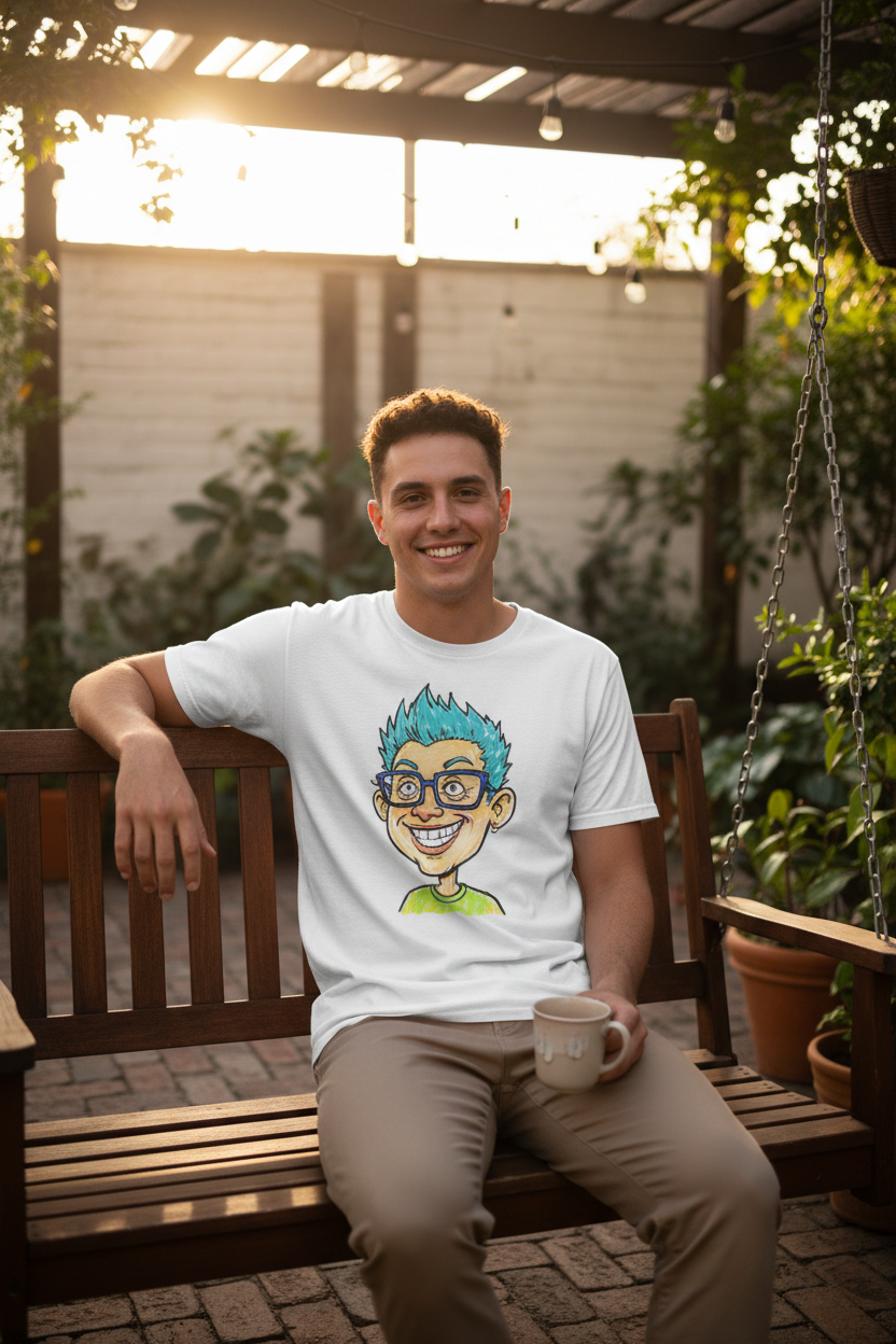 Personalised caricature t-shirt lifestyle shot — custom print gift | Photonscribe