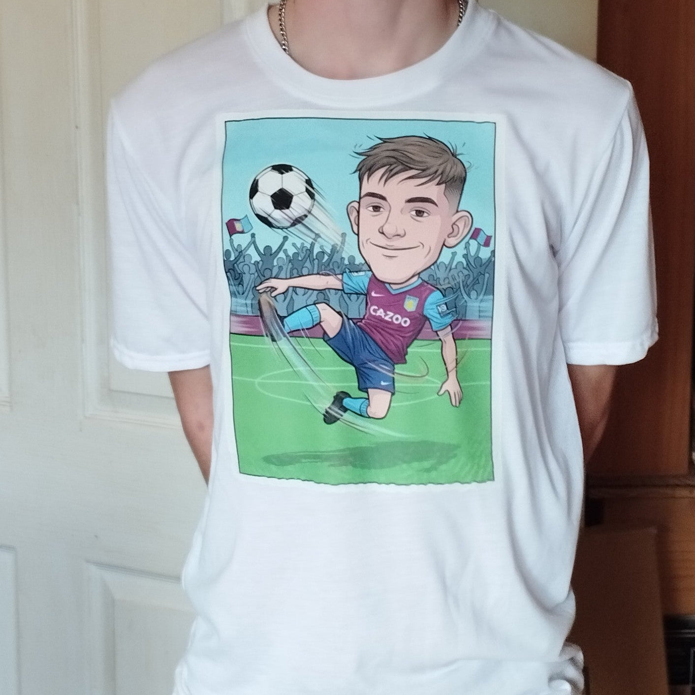 Custom caricature t-shirt on model — personalised photo print gift UK
